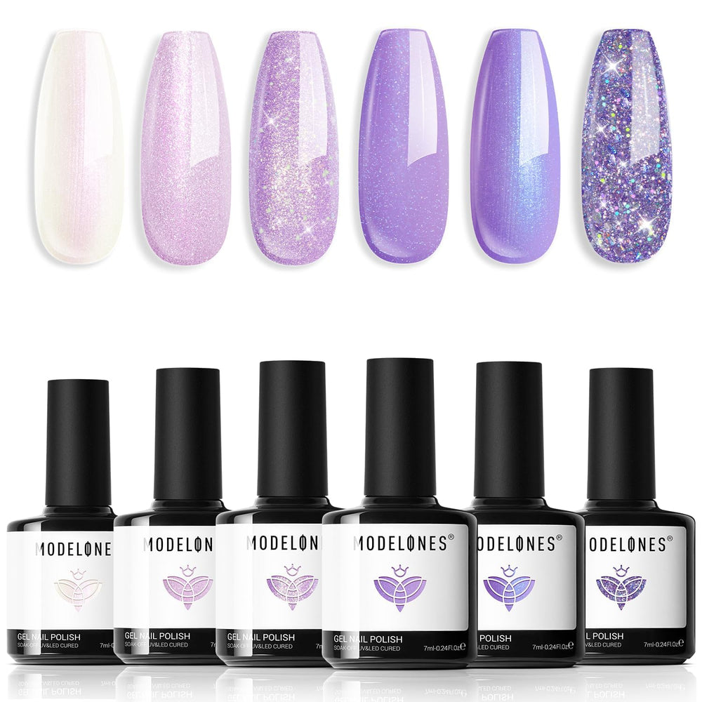 Modelones purple glitter gel nail polish set with six shimmer bottles for vibrant nails