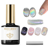 Modelones Rainbow Cat Eye top coat with magnet delivers dynamic holo cat-eye effects.