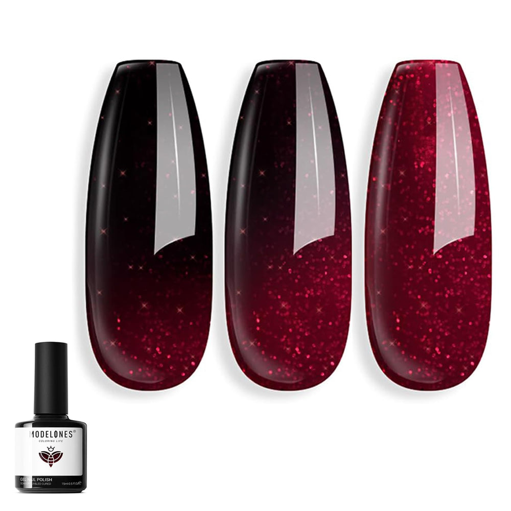 Modelones red gel nail polish burgundy wine color shift reveals cool and warm tones.