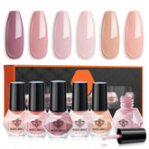 Modelones Valentines bottle close-up shows six nude-pink shades for quick manicures.