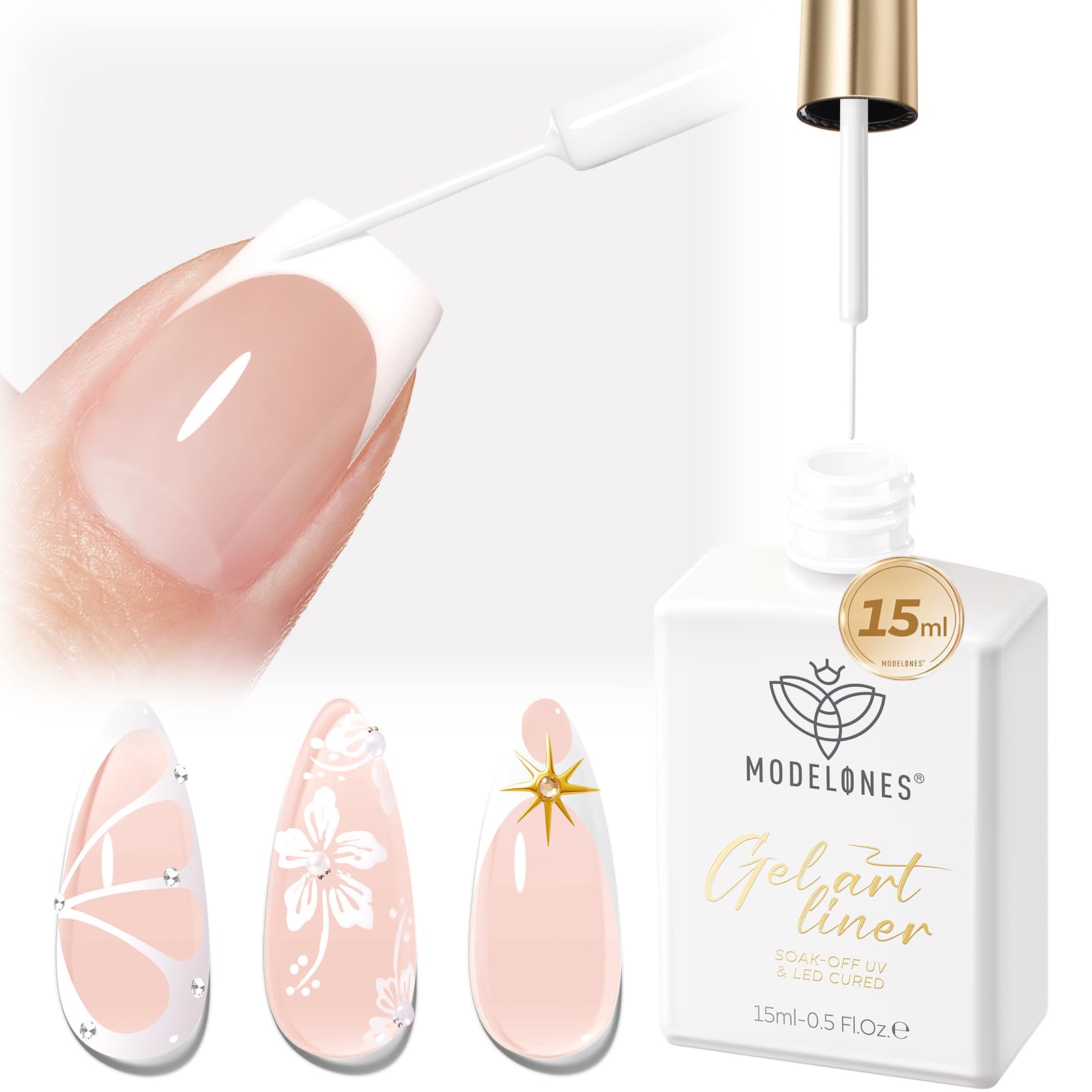 Modelones white liner gel with ultra-fine brush for precise French tips.