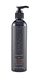 Modern ŌM Shungite Recharge Body Wash bottle front label for daily refreshment