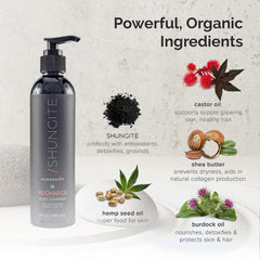Close-up of hemp seed oil and shungite visuals highlight organic ingredients