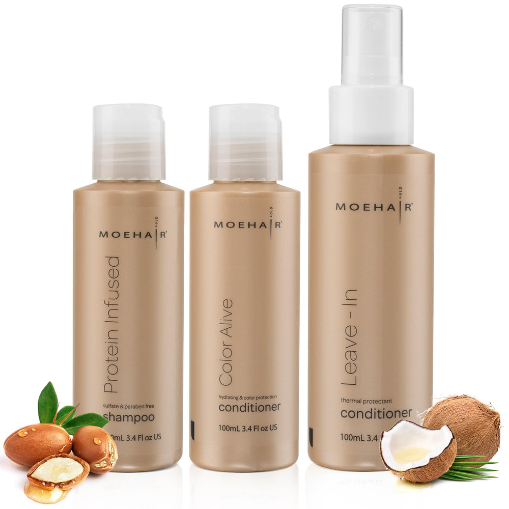 MOEHAIR Travel Trio shampoo bottle with color-safe cleansing and plant protein protection.