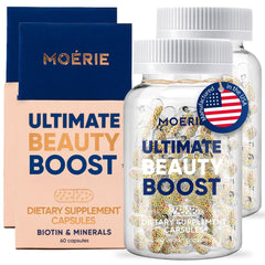 Moerie Hair Growth Supplement bottle with capsules for fuller, healthier hair.