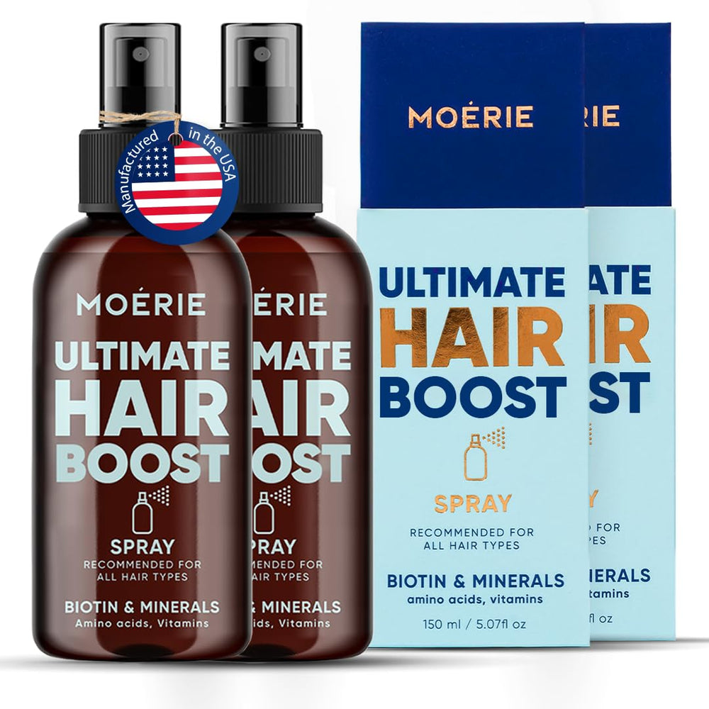Moerie Ultimate Hair Boost Spray bottle highlighting natural nutrients for stronger hair