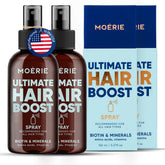 Moerie Ultimate Hair Boost Spray bottle highlighting natural nutrients for stronger hair