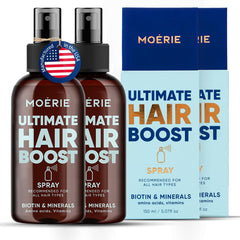 Moerie Ultimate Hair Boost Spray bottle highlighting natural nutrients for stronger hair