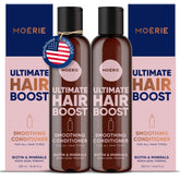 Moerie Ultimate Hair Growth Conditioner bottle on white background suggests fuller hair.