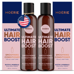 Moerie Ultimate Hair Growth Conditioner bottle on white background suggests fuller hair.