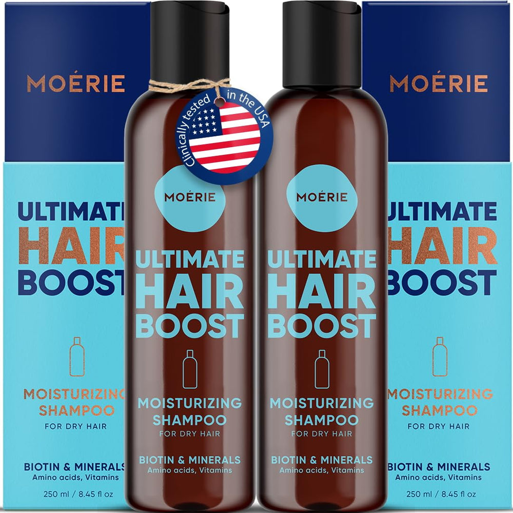 Moerie Ultimate Hair Growth Shampoo bottle close-up highlighting vegan formula for nourished scalp.