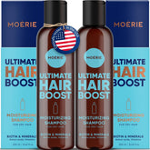 Moerie Ultimate Hair Growth Shampoo bottle close-up highlighting vegan formula for nourished scalp.
