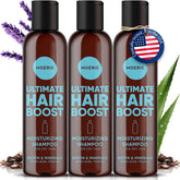 Moerie Ultimate Hair Growth Shampoo bottle close-up shows vegan formula for healthier-looking hair