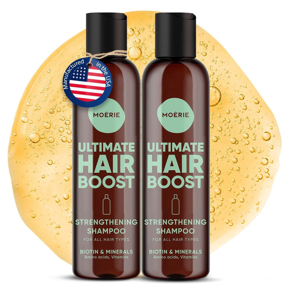 Moerie Ultimate Hair Growth Shampoo bottle pour highlights nourishing formula for fuller hair.