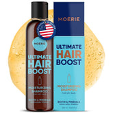 Moerie Ultimate Hair Growth Shampoo bottle on sink, suitable for all hair types.