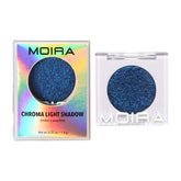 Moira Chroma Light Shadow 023 Midnight Blue compact shows metallic foiled finish for bold eyes.