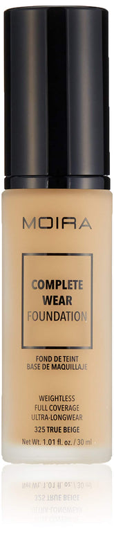 Moira Complete Wear Foundation 325 True Beige bottle closeup, lightweight, long-wear coverage