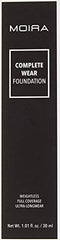 Moira Complete Wear Foundation swatches show 350 Classic Beige skin-tone match for seamless blending.