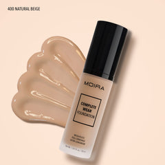 Moira Complete Wear Foundation application spread demonstrates buildable coverage for a natural, even tone