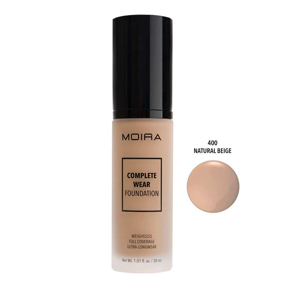 Moira Complete Wear Foundation bottle close-up showing a weightless, long-wearing matte finish