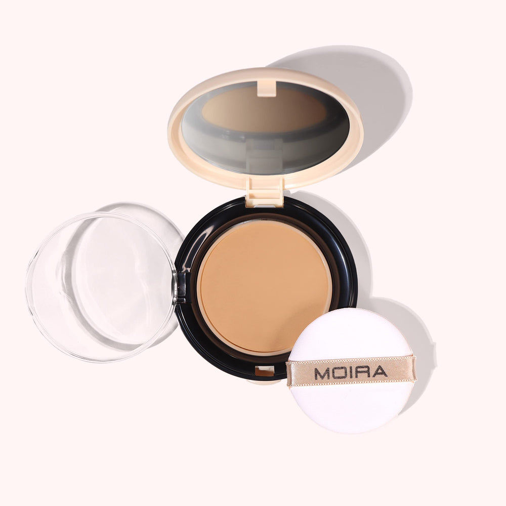 Moira Complete Wear Powder Foundation 325N compact opened, showing natural matte finish.