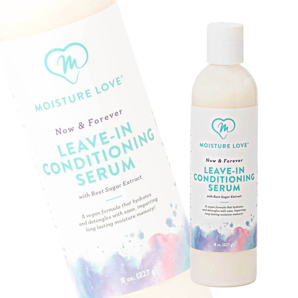 Moisture Love Now & Forever leave-in conditioner bottle highlighting curl hydration and detangling.