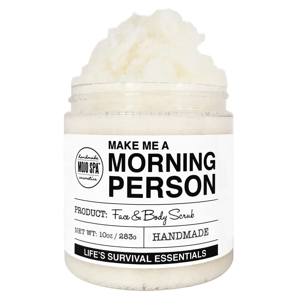 Mojo Spa Make Me a Morning Person scrub jar—refreshing morning ritual for skin.