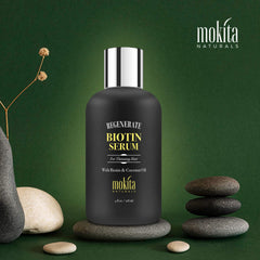 Mokita Naturals Hair Growth Serum application scene highlighting easy scalp massage.