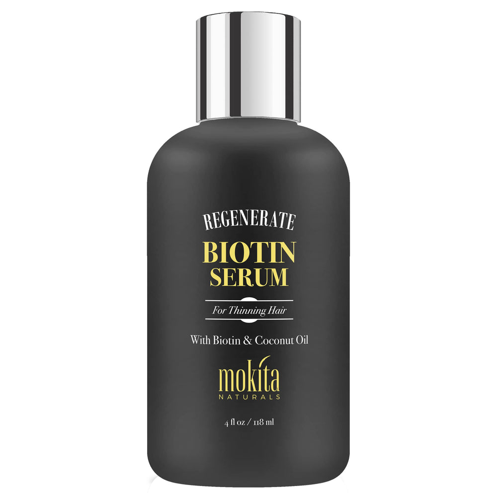 Mokita Naturals Hair Growth Serum bottle closeup showing weightless, non-greasy formula for daily use.