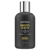 Mokita Naturals Hair Growth Serum bottle closeup showing weightless, non-greasy formula for daily use.