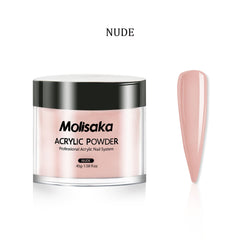 Molisaka nude acrylic powder on natural nail demonstrates self-leveling, bubble-free application.