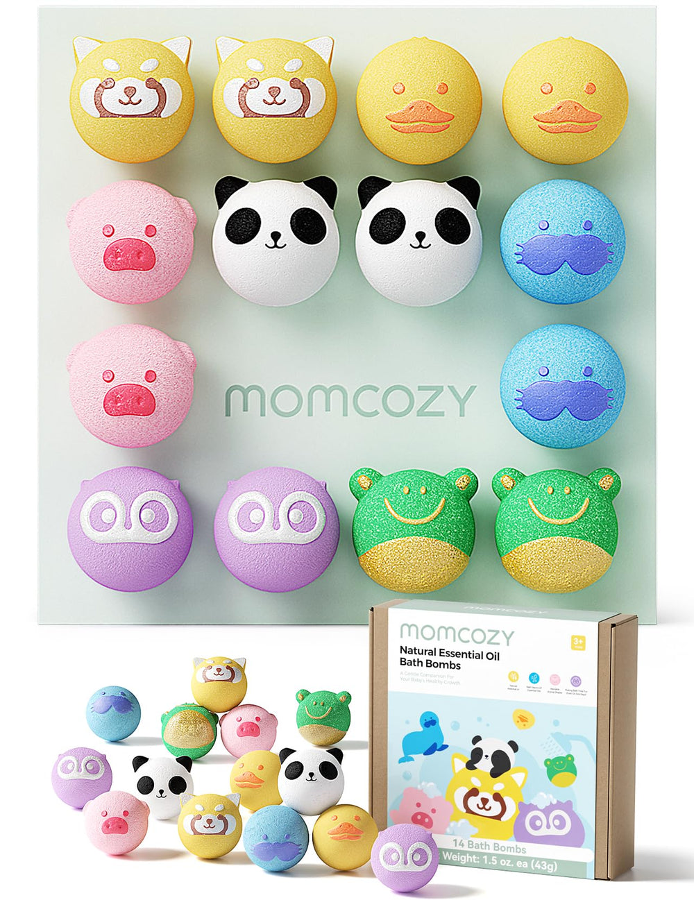 Momcozy animal bath bombs box open invites kids to discover playful shapes.
