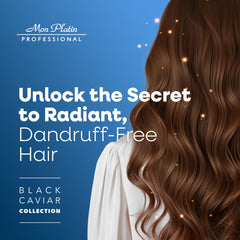 Mon Platin Black Caviar Total Clean label close-up highlights luxe anti-dandruff design.