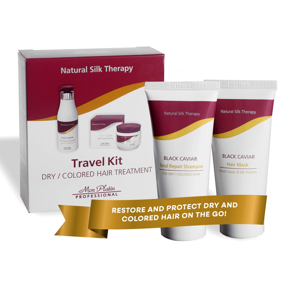 Mon Platin Travel Kit packaging closeup for on-the-go color-treated hair care.