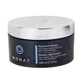 MONAT Replenish Masque bottle shown during deep conditioning for hydrated hair.