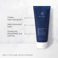 MONAT Volumizing Conditioner tube close-up emphasizing smoothing, soft finish.