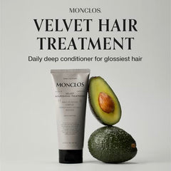 MONCLOS Velvet Hair Treatment bottle label close-up highlighting clean formula