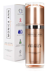 Monica Ann Beauty Dual-Action Primer bottle close-up highlighting hydrating base