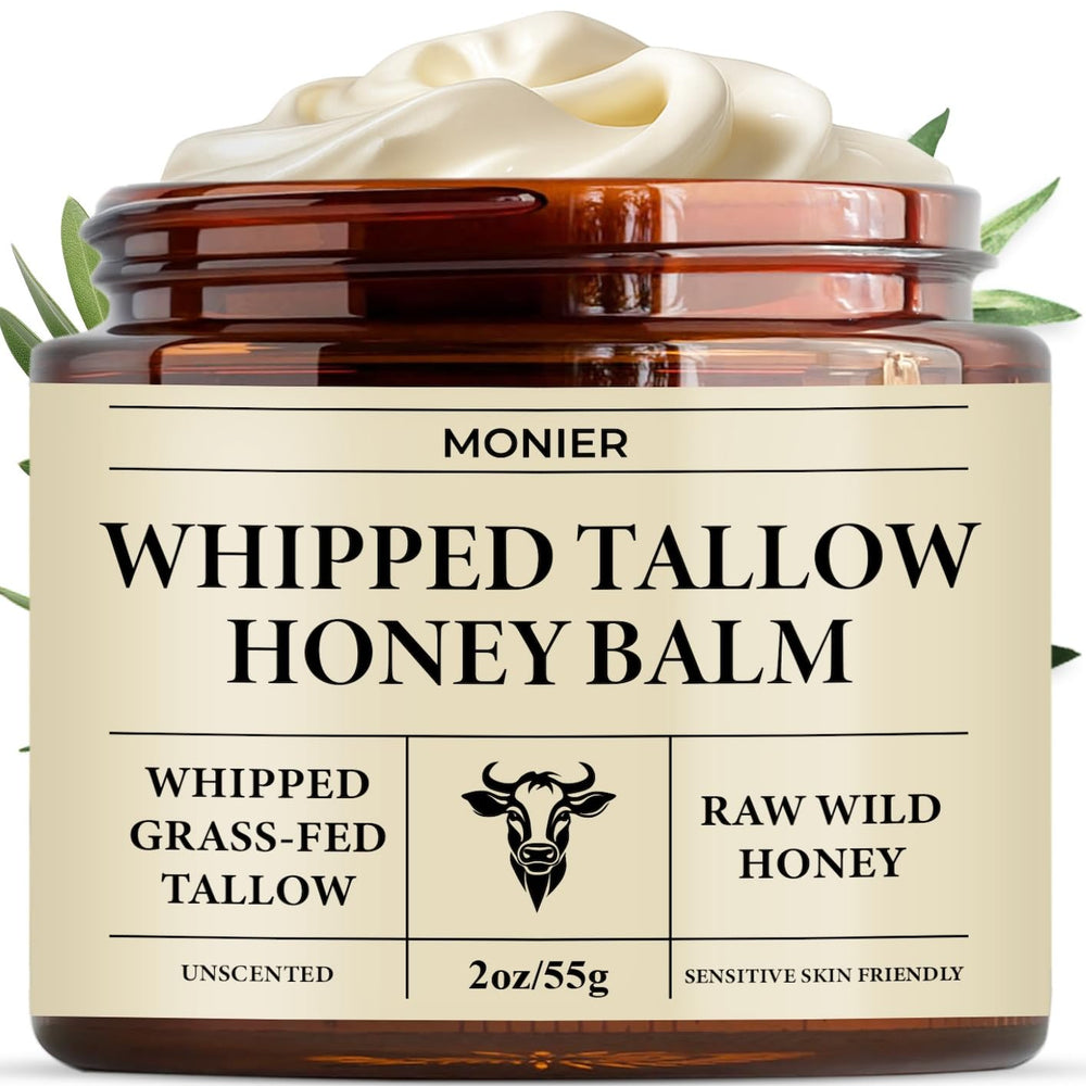 MONIER whipped tallow jar showcasing rich texture for moisturized dry skin