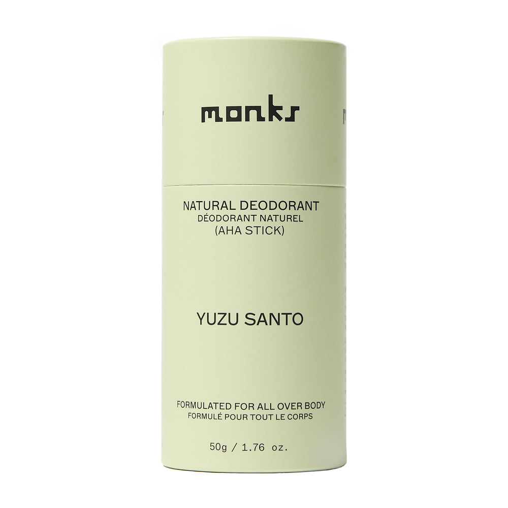 Monks Yuzu Santo deodorant packaging emphasizes eco-friendly design