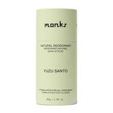 Monks Yuzu Santo deodorant packaging emphasizes eco-friendly design