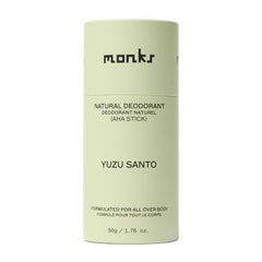 Monks Yuzu Santo deodorant packaging emphasizes eco-friendly design