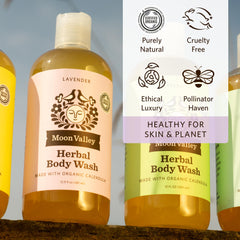 Moon Valley Organics Body Wash foam lather showcasing rich, moisturizing bubbles.