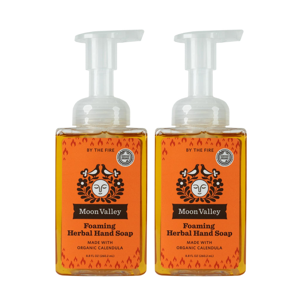Moon Valley Organics By the Fire foaming hand soap bottle front showing seasonal scent