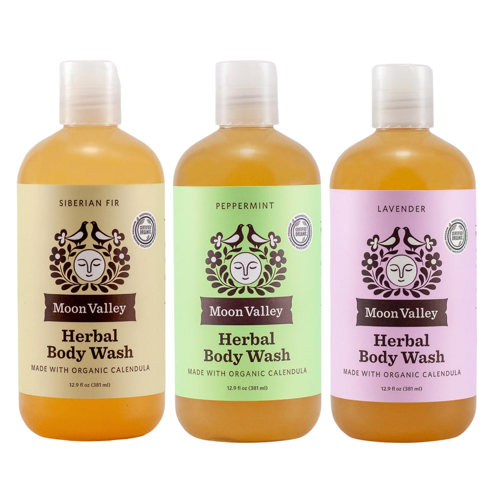 Moon Valley Organics Lavender Body Wash bottle with calming essential oils for daily cleansing.