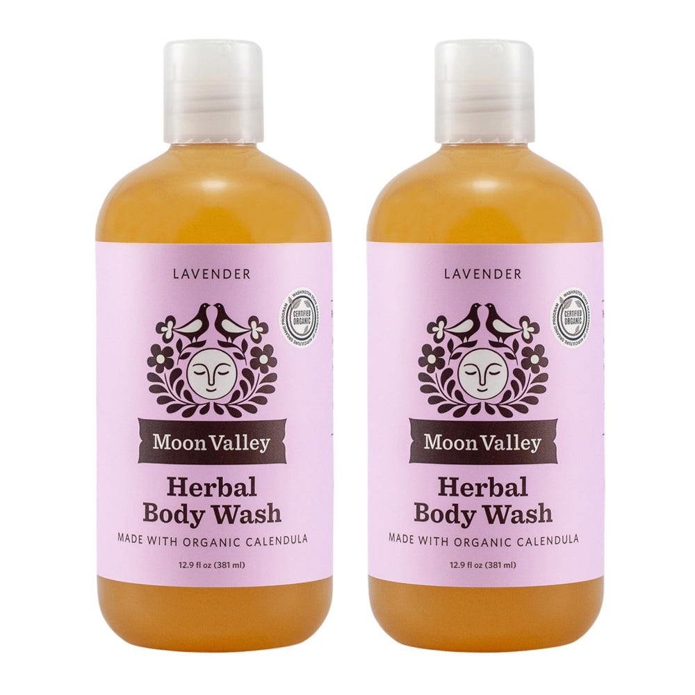 Moon Valley Organics Lavender Herbal Body Wash bottle with all-natural ingredients.