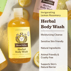 Close-up of Moon Valley Organics Lemon Rosemary Herbal Body Wash bottle with natural ingredients.
