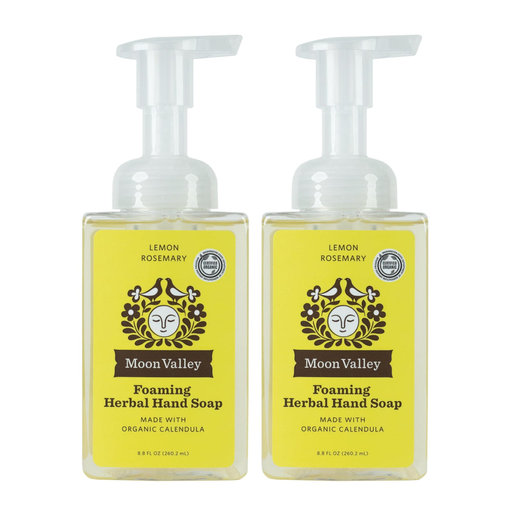 Moon Valley Organics Lemon Rosemary foaming hand soap bottles with refreshing fragrance and gentle cleansing.