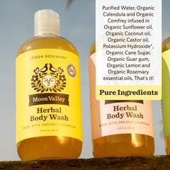 Moon Valley Organics Lemon Rosemary Herbal Body Wash ingredients list shown.
