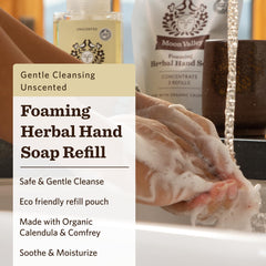 Moon Valley Organics unscented refill pouch close-up shows natural ingredient list.